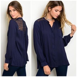 ❗️CLOSING SALE❗️ Navy Crochet Back Button Down Top